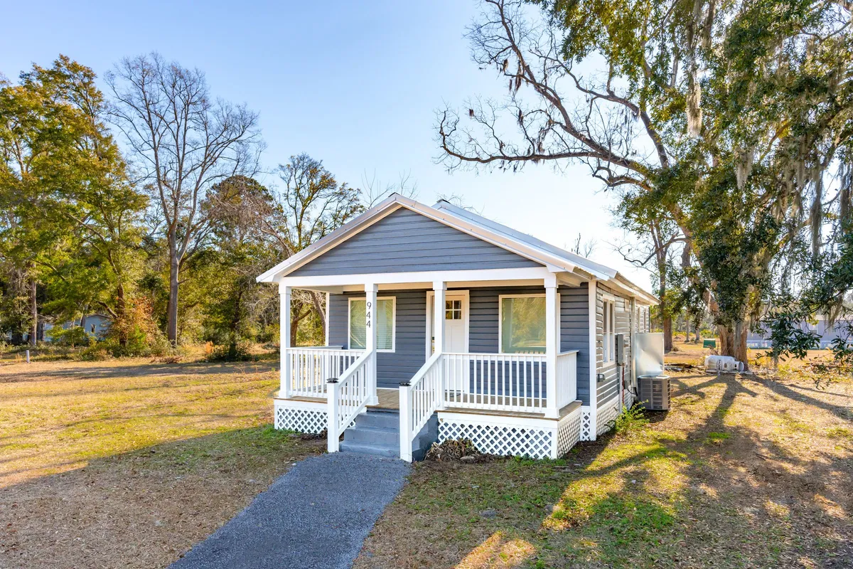 An exterior view of the home highlights the front porch, gray siding, and landscaped yard. Activities such as relaxing on the porch, gardening, and hosting gatherings are suggested, with ample space visible for kids to play or for social occasions.